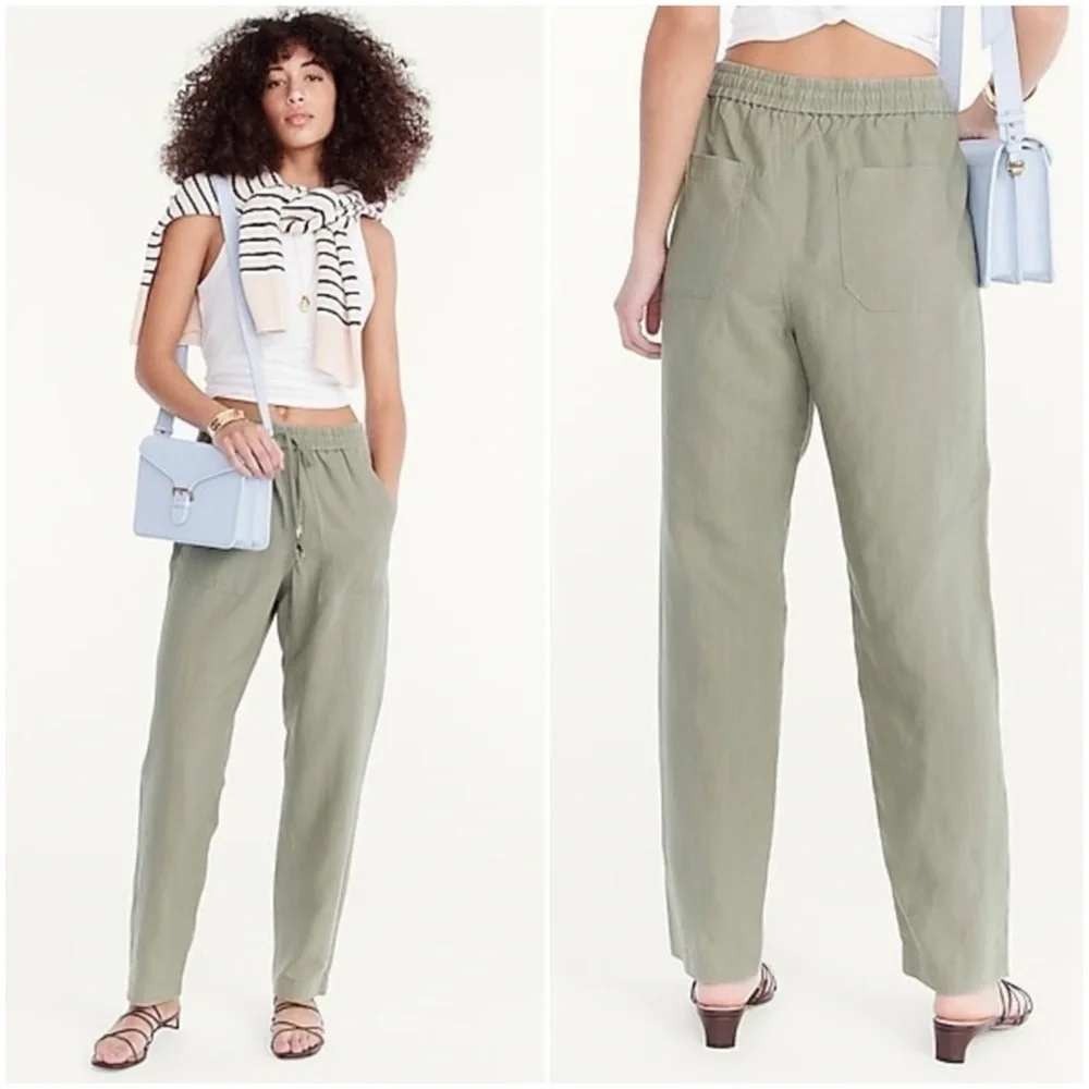 J.Crew Seaside Pants Linen Blend Straight Leg Green XL Earthy Beach Coastalβ